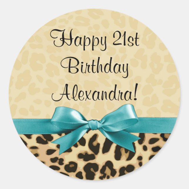 Leopard Print Aqua Blue Bow Girls Womens Birthday Classic Round Sticker (Front)
