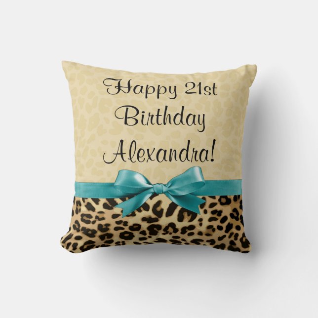 Leopard Print Aqua Blue Bow Girls Womens Birthday Cushion (Front)