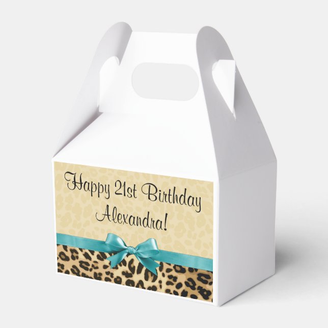 Leopard Print Aqua Blue Bow Girls Womens Birthday Favour Box (Front Side)