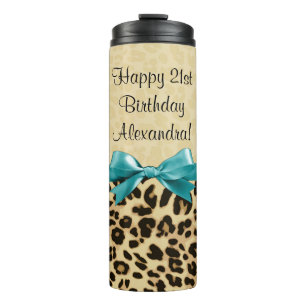 Leopard Print Aqua Blue Bow Girls Womens Birthday Thermal Tumbler