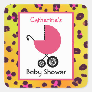 Leopard Print Baby Shower & Pink Carriage Square Sticker