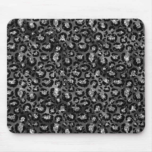 Leopard Print Black and Silver Gray Mouse Mat (Front)
