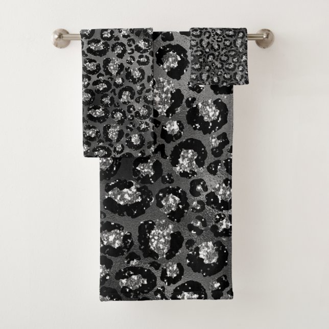 Leopard Print Black and Silver Grey Bath Towel Set (Insitu)