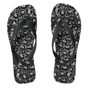 Leopard Print Black and Silver Grey Flip Flops