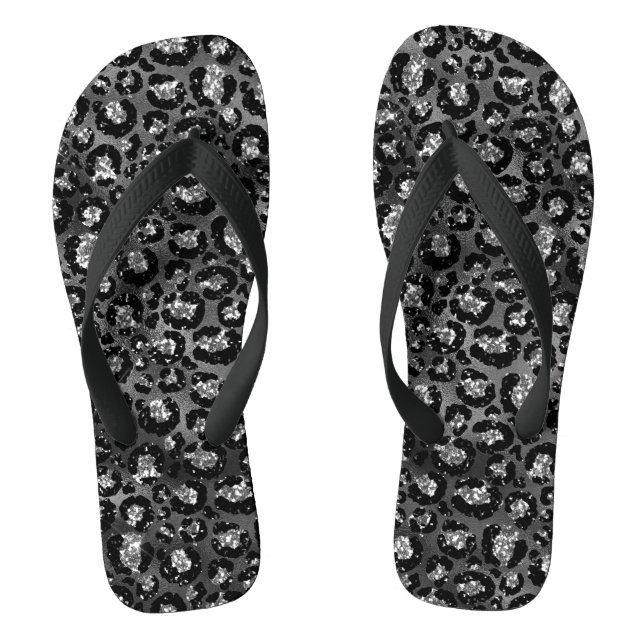 Leopard Print Black and Silver Grey Flip Flops (Footbed)