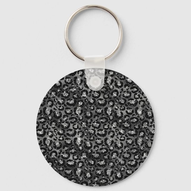 Leopard Print Black and Silver Grey Key Ring (Front)