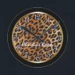 Leopard Print black Gold Personalised Wall Clock<br><div class="desc">Leopard Print black Gold Personalised Wall Clock. Customise with any text.</div>