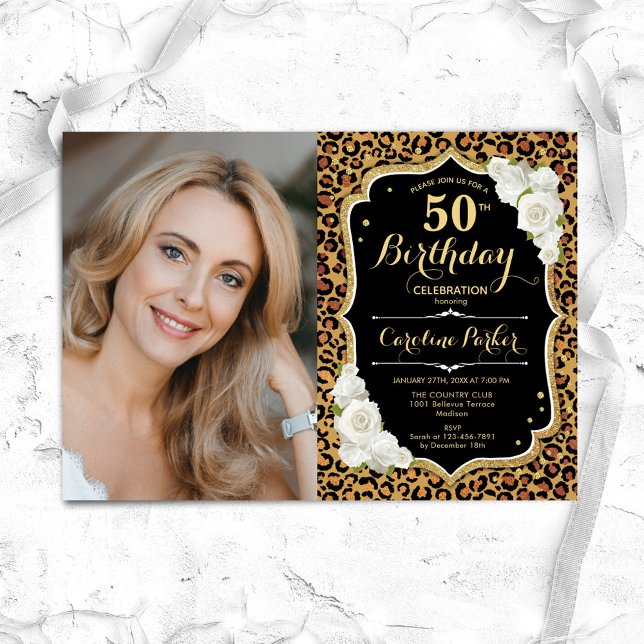 Leopard Print Black Gold Photo 50th Birthday Invitation (Creator Uploaded)