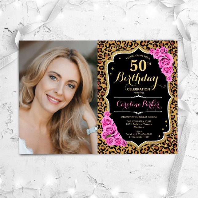 Leopard Print Black Gold Pink Photo 50th Birthday Invitation (Creator Uploaded)