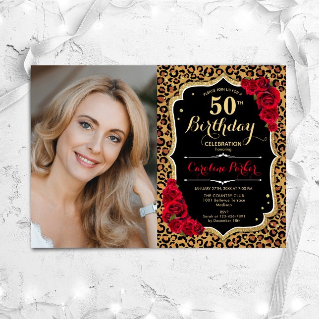 Leopard Print Black Gold Red Photo 50th Birthday Invitation (Creator Uploaded)