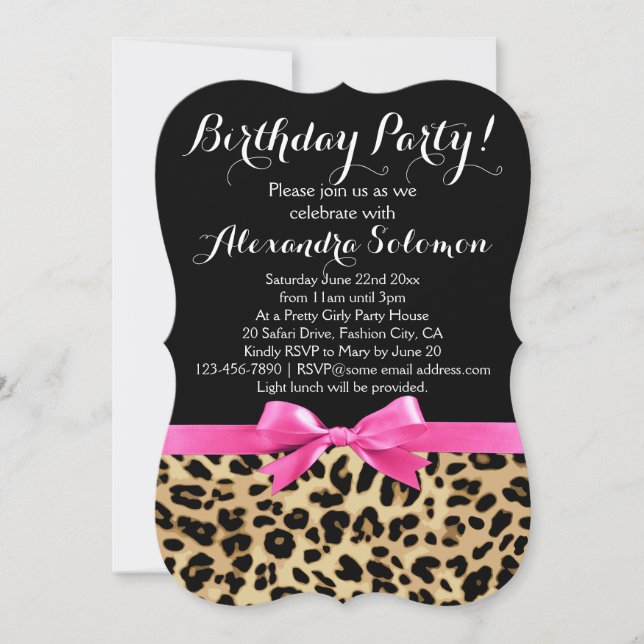 Leopard Print Black w/ Hot Pink Bow Birthday Party Invitation (Front)