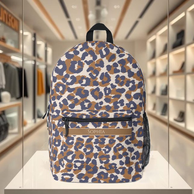 Leopard Print-Blue and Brown- Printed Backpack (Leopard print backpack-blue and brown-personalized)