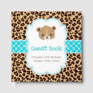 Leopard Print Blue Quatrefoil Birthday Party Guest Book