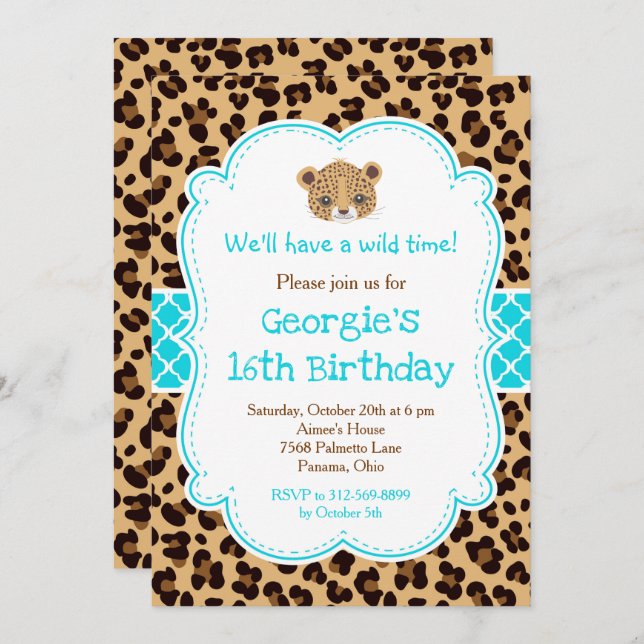 Leopard Print Blue Quatrefoil Birthday Party Invitation (Front/Back)