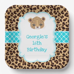 Leopard Print Blue Quatrefoil Birthday Party Paper Plate