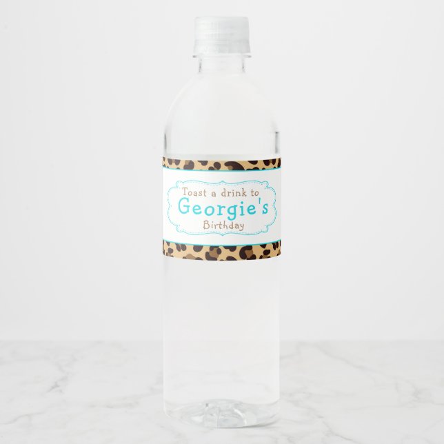 Leopard Print Blue Quatrefoil Birthday Party Water Bottle Label (Front)