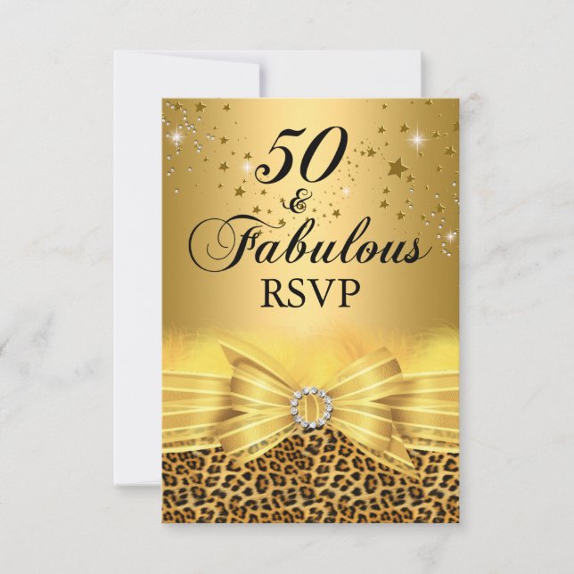 Leopard Print & Bow 50 & Fabulous RSVP Gold Invitation (Front)