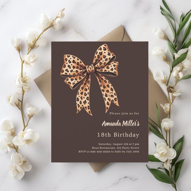 Leopard print bow bistre brown birthday invitation (Creator Uploaded)