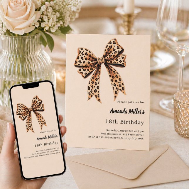 Leopard print bow brown beige birthday invitation (Creator Uploaded)