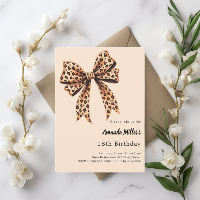 Leopard print bow brown beige birthday invitation (Creator Uploaded)