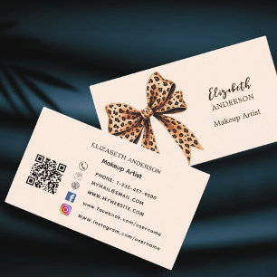 Leopard print bow peach brown qr code social media business card