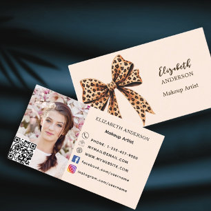 Leopard print bow peach qr code social media photo business card