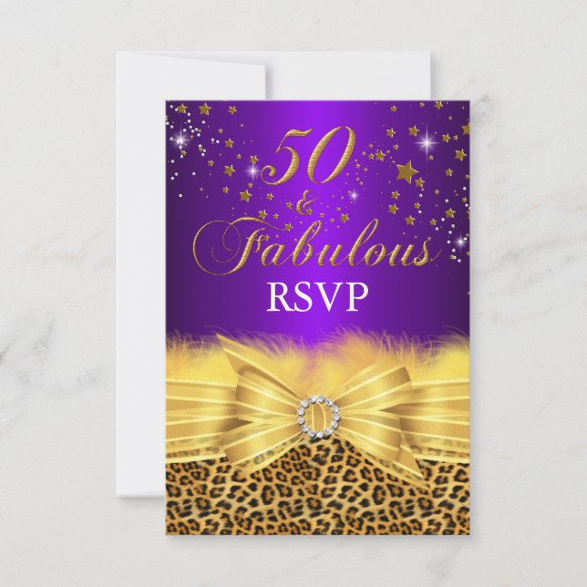 Leopard Print & Bow Purple 50 & Fabulous RSVP Card (Front)