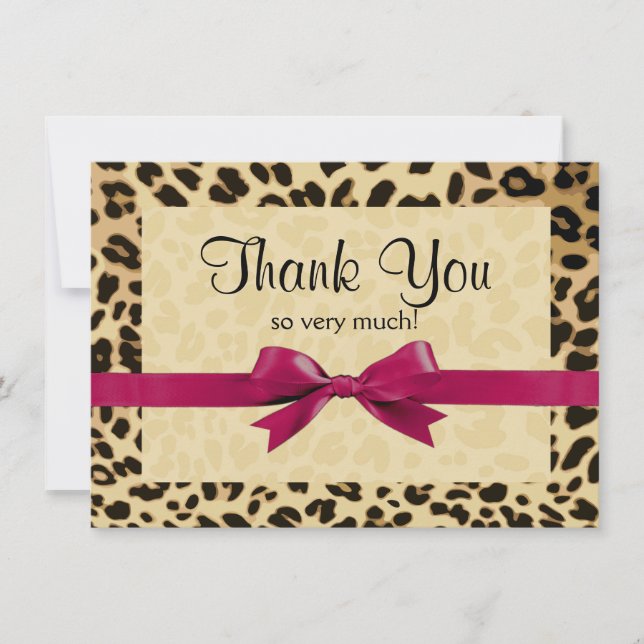Leopard Print Bright Pink Bow Thank You Note (Front)