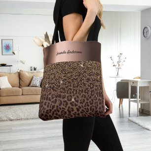 Leopard print brown black bronze tote bag