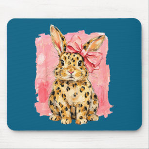 Leopard print bunny with pink bow cute spring mouse mat