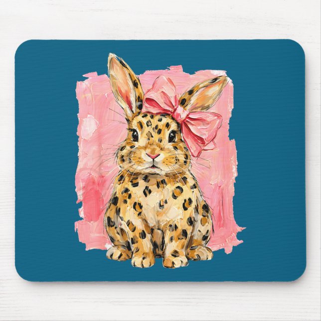 Leopard print bunny with pink bow cute spring mouse mat (Front)