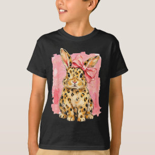 Leopard print bunny with pink bow cute spring T-Shirt