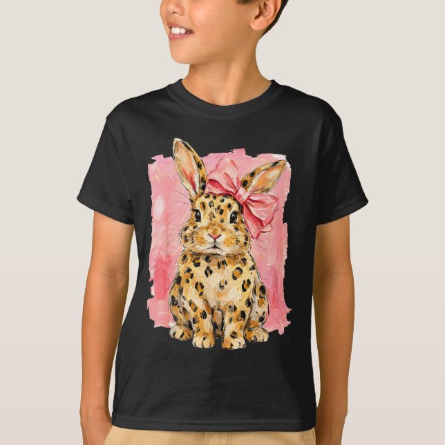 Leopard print bunny with pink bow cute spring T-Shirt (Front)
