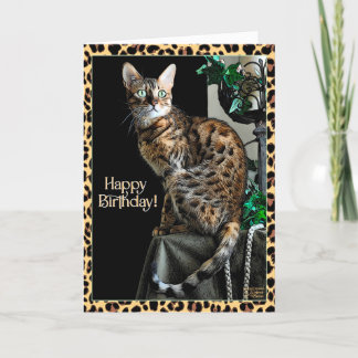 Leopard Print Cat-Themed Birthday Card