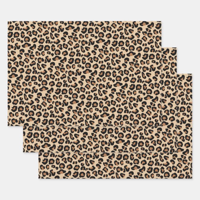 Leopard Print, Classic Black and Tan Wrapping Paper Sheet (Set)