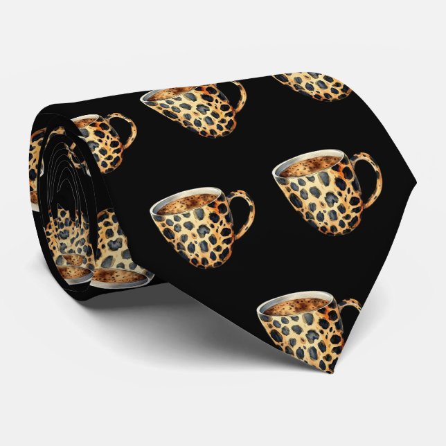 Leopard Print Coffee Cup Neck Tie (Rolled)