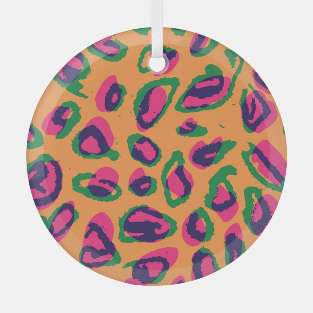 Leopard Print, Colourful Animal Pattern. Glass Tree Decoration (Front)