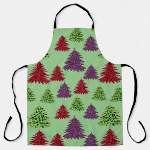 Leopard Print Colourful Merry Christmas Trees Apron