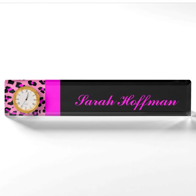 Leopard Print Custom Pink Desk Name Plate (Front)
