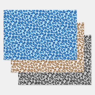 Leopard Print, Denim Blue, Cream, Grey  Wrapping Paper Sheet
