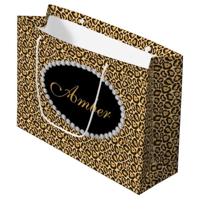 Leopard Print Diamond Monogram Lg Gift Bag (Front Angled)