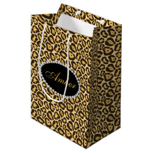 Leopard Print Diamonds & Name Monogram Medium Gift Bag