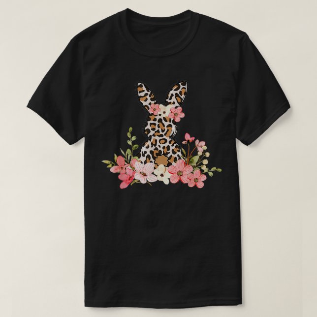 Leopard Print Easter Bunny Rabbit Holiday Flowers  T-Shirt (Design Front)