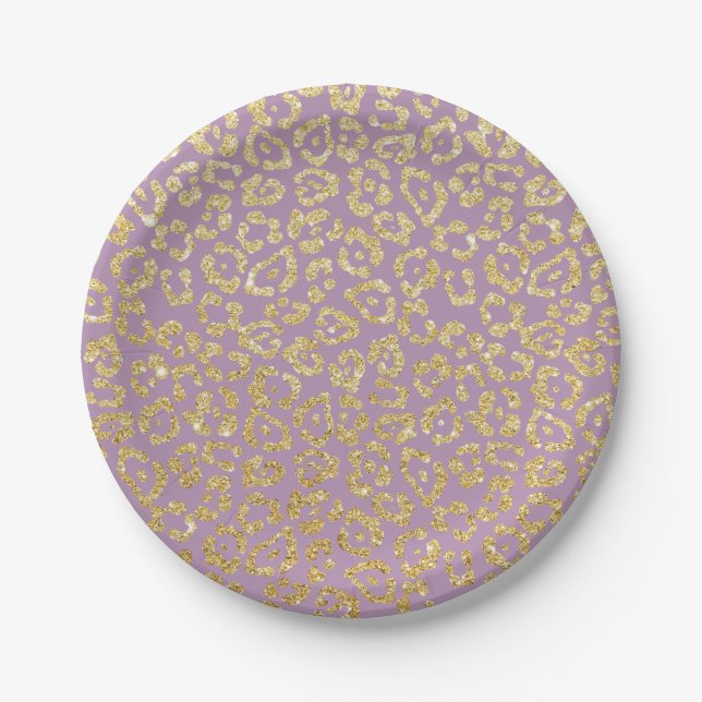 Leopard Print Elegant Purple & Gold Paper Plate (Front)