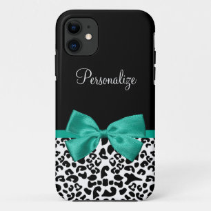 Leopard Print Emerald Green Ribbon Bow Chic Name iPhone 11 Case