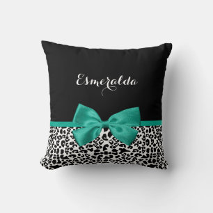Leopard Print Emerald Green Ribbon Bow Chic Name Cushion
