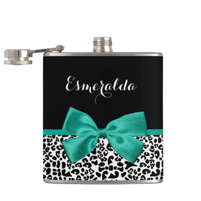 Leopard Print Emerald Green Ribbon Bow Chic Name Hip Flask (Opened)
