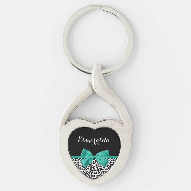 Leopard Print Emerald Green Ribbon Bow Chic Name Key Ring (Front)