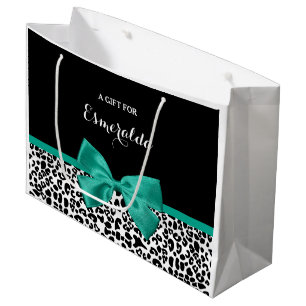 Leopard Print Emerald Green Ribbon Bow Chic Name Large Gift Bag