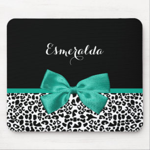 Leopard Print Emerald Green Ribbon Bow Chic Name Mouse Mat